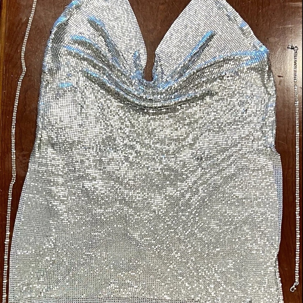 NEW Fashion Nova Metal Chain Silver Mini Dress Women’s Medium Party Club